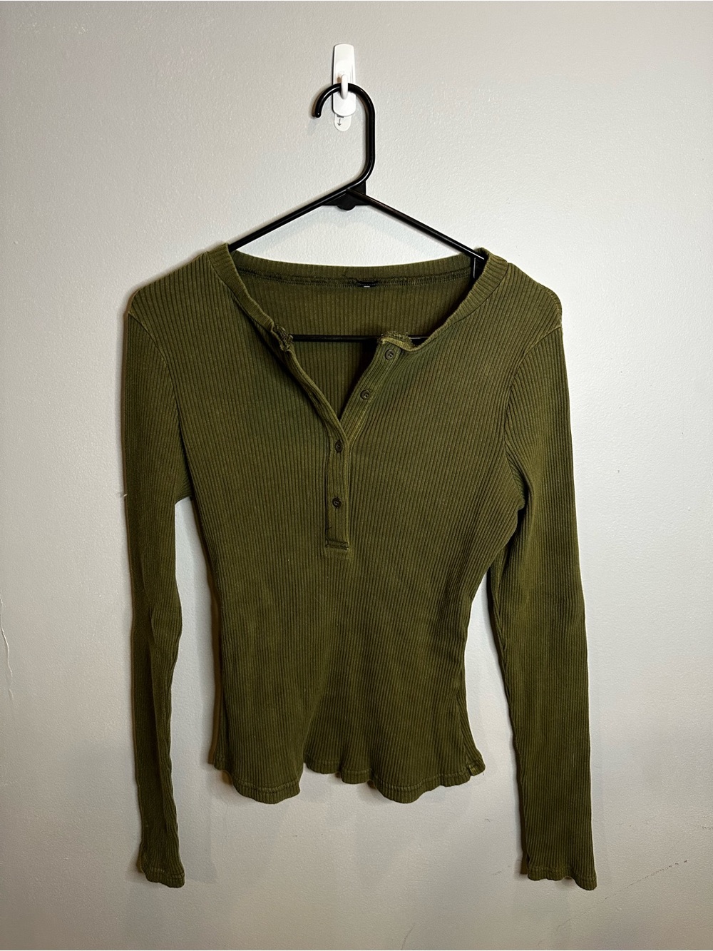 Olive Ribbed Henley Long-Sleeve Top